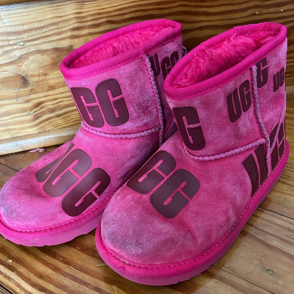 UGG Hot Pink Logo Shearling Ankle Boots